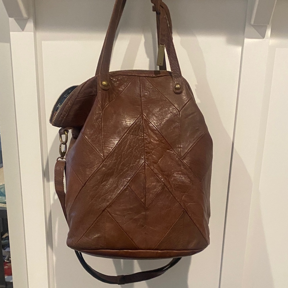 Lucky Brand Chestnut Brown Leather Carryall Tote with Crossbody Strap